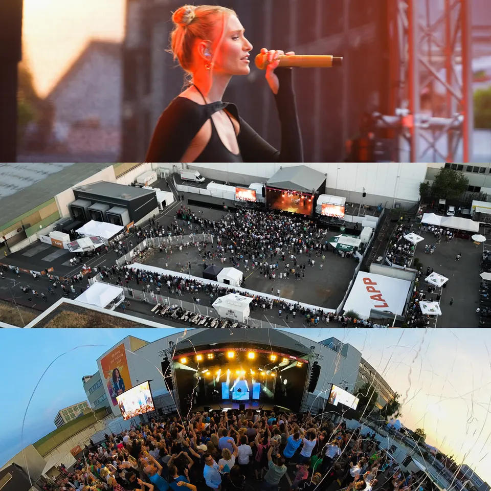 Konzert-Collage: Sängerin, Festivalgelände und Bühne aus der Luft