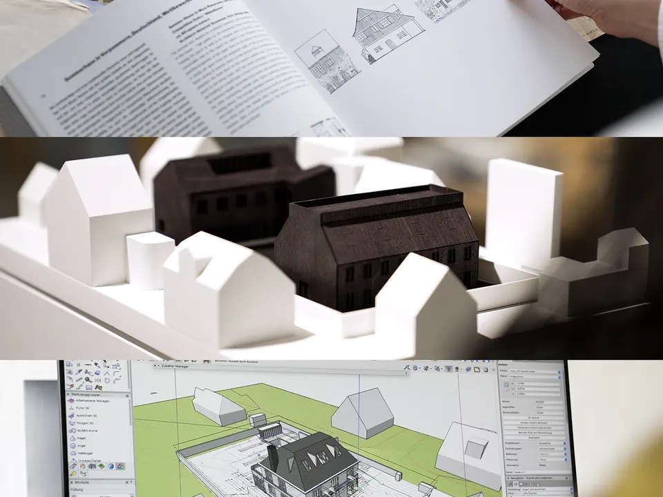 Architekturmodell, Bauplan und CAD-Ansicht als Collage