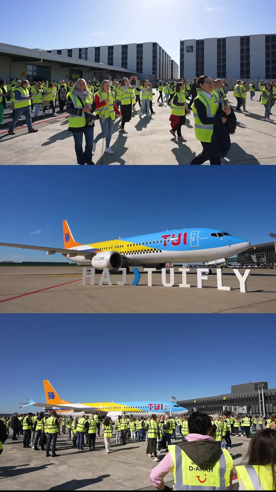 TUIfly-Event mit Mitarbeitenden in Warnwesten auf dem Vorfeld