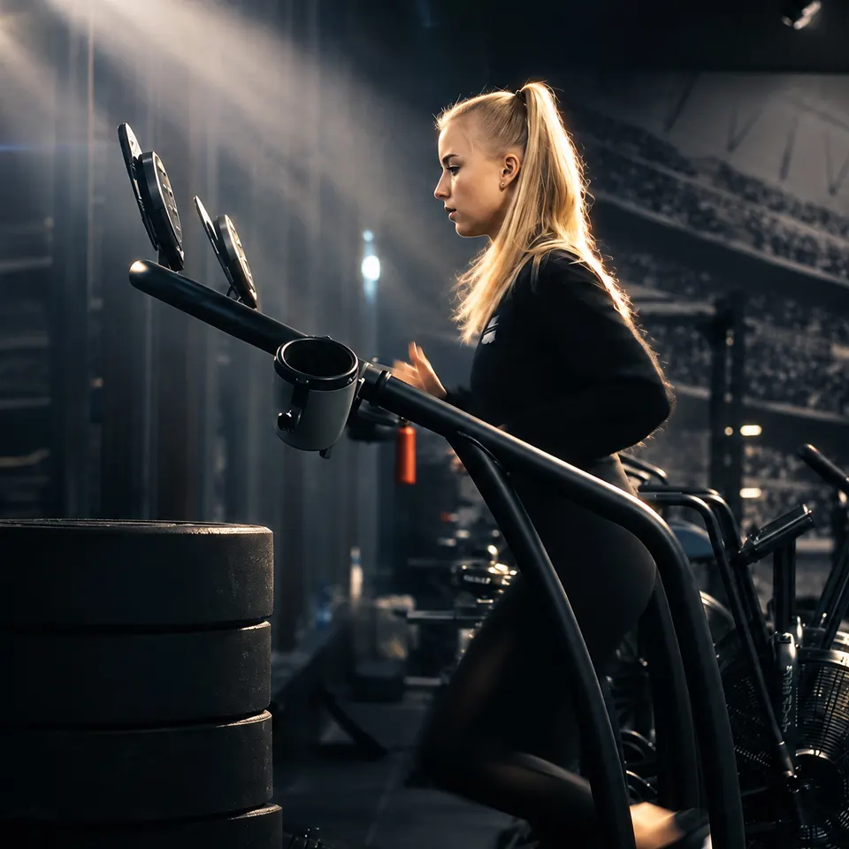 Frau trainiert auf einem Laufband in einem dunklen Fitnessstudio