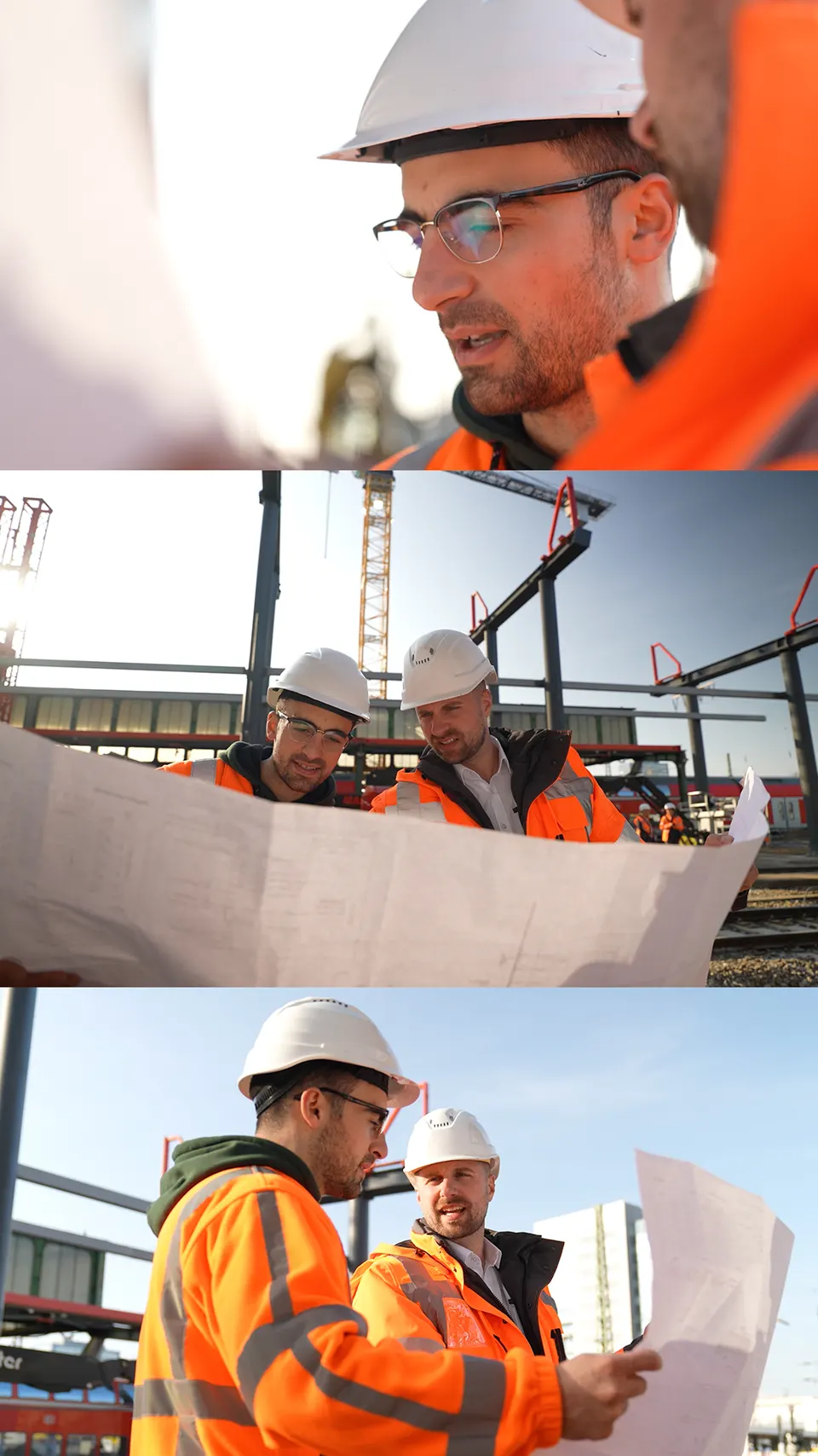 Bauleiter mit Helm und Bauplan auf der Baustelle, Recruiting-Kampagne der Bauindustrie