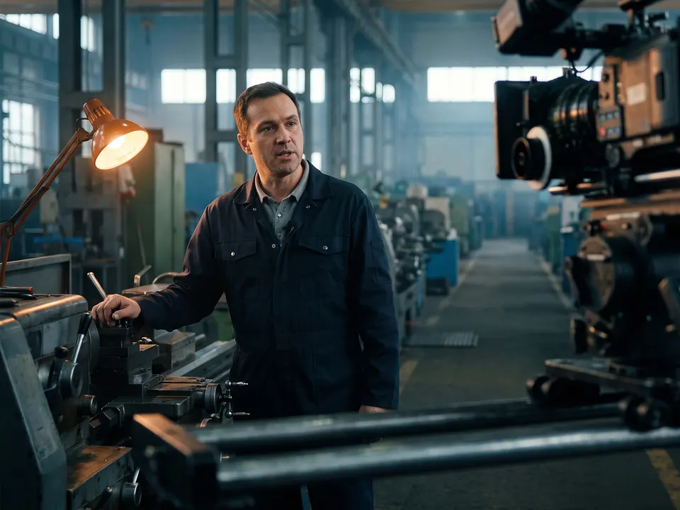 Mann in einer Werkhalle neben einer Kinokamera beim Imagefilm-Dreh